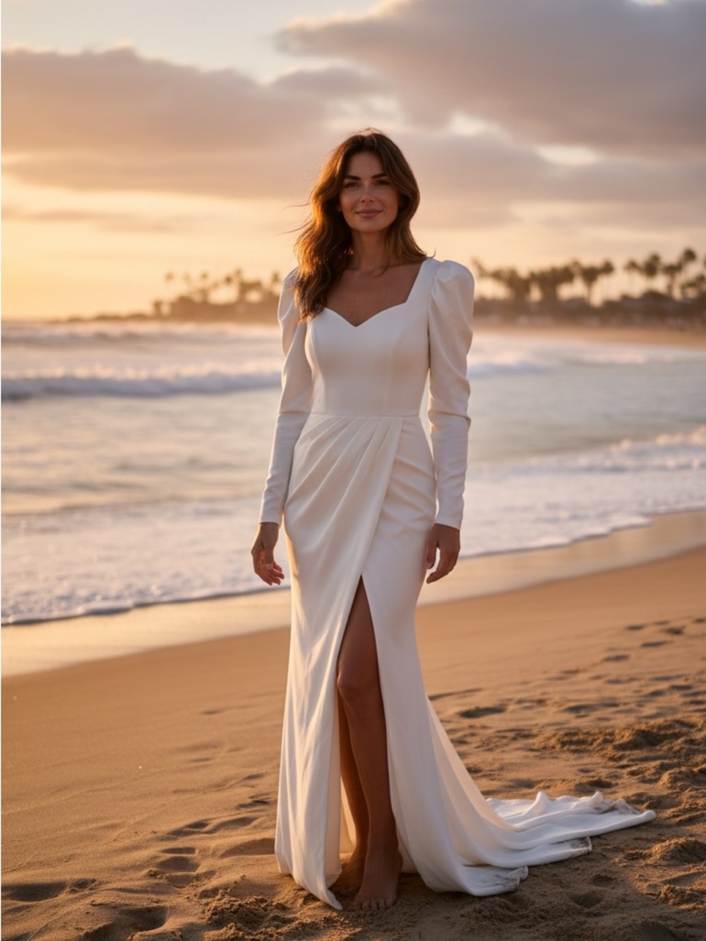 Elegant White Long Sleeve evening gown with Sweetheart Neckline